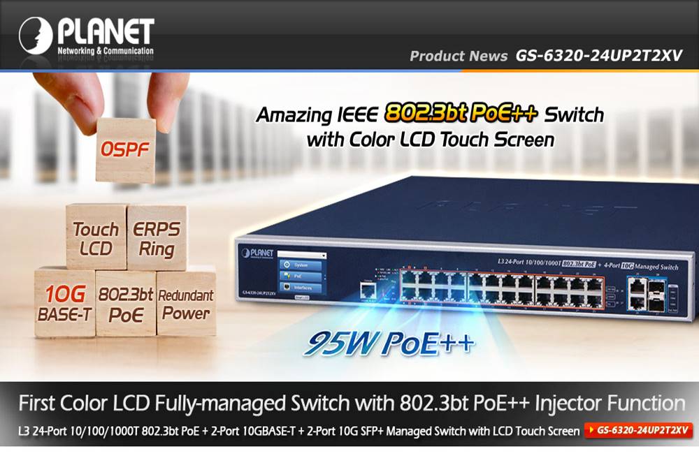 Niesamowity Switch IEEE 802.3bt PoE+++  z kolorowym, dotykowym ekranem LCD